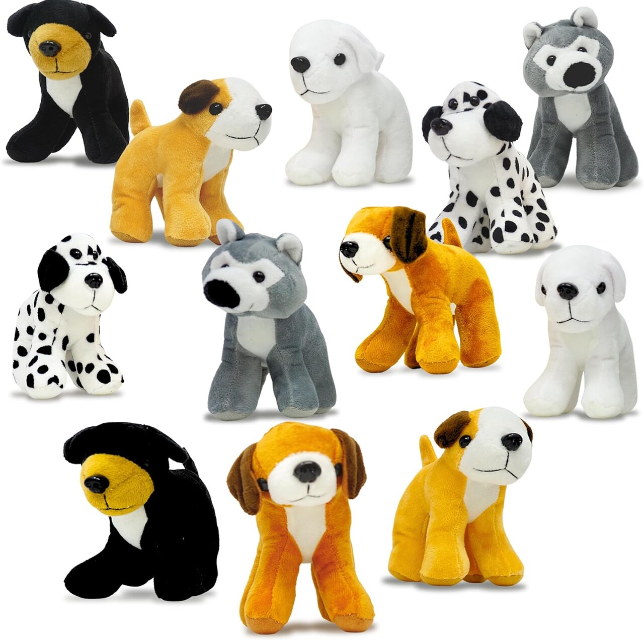 4E's Novelty 12 Pack Assorted Stuffed Dogs - 5’’ Small Plush Animals in 6 Designs, Dog Themed Party Favors